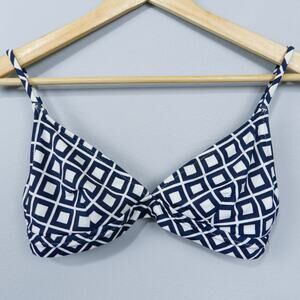 J Crew Triangle Bikini Swim Top Sz M Navy Blue Ivory Geometric Square Tile A3035